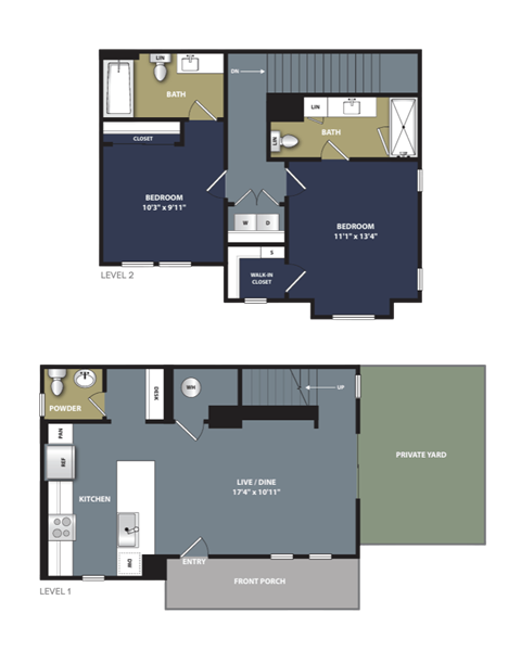 Floor plan for 2 beds, 2.5 baths, 1058 sqft